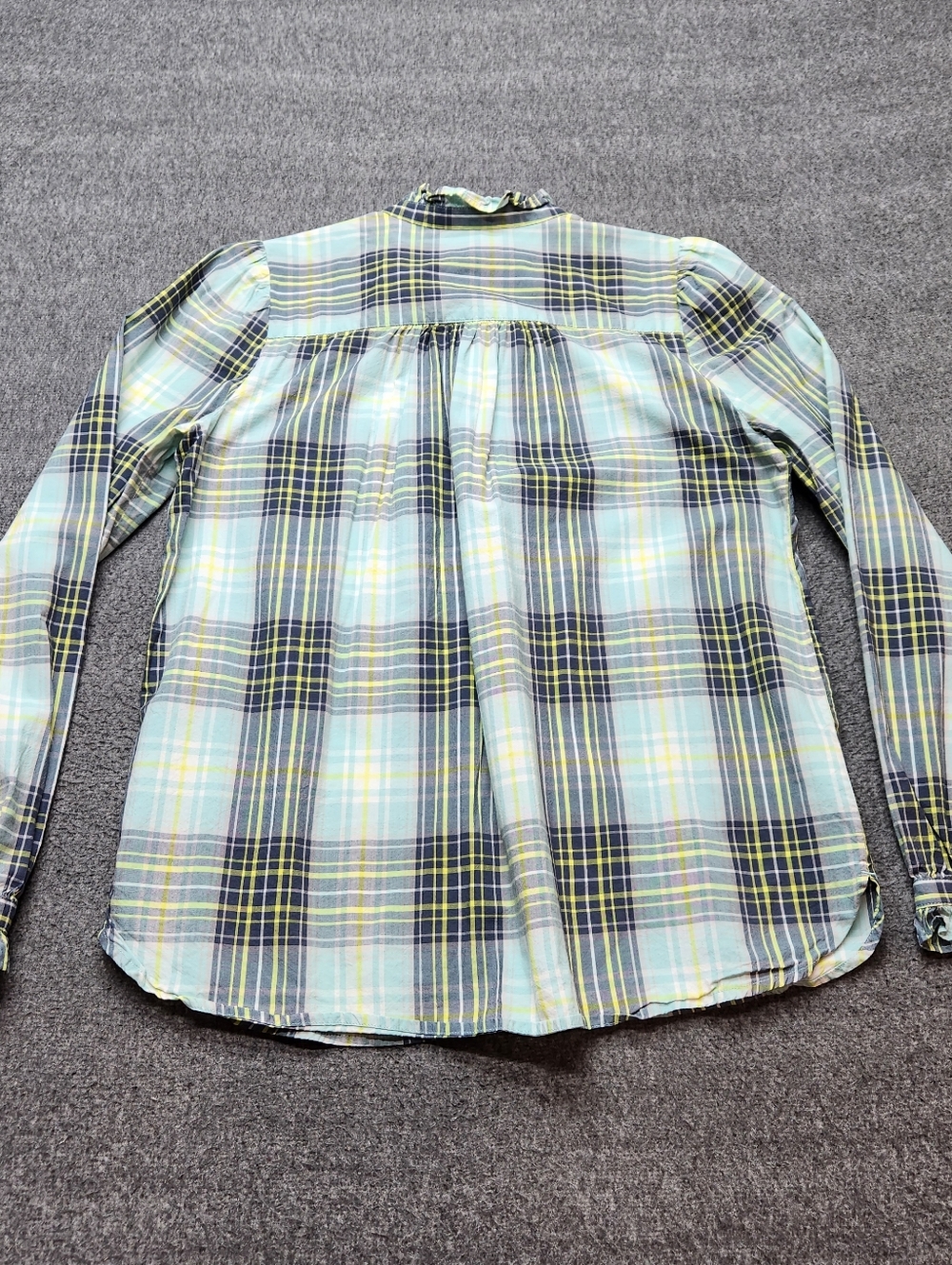 LOFT Plaid Ruffle Blouse Small Blue Yellow Cotton Modal Long Sleeve - Picture 7 of 7